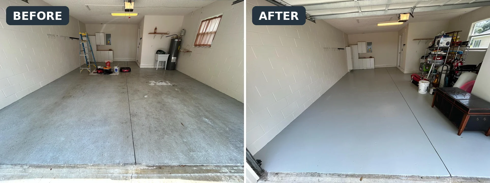 Garage floor before and after coating by MSG Painting Company, Clermont FL